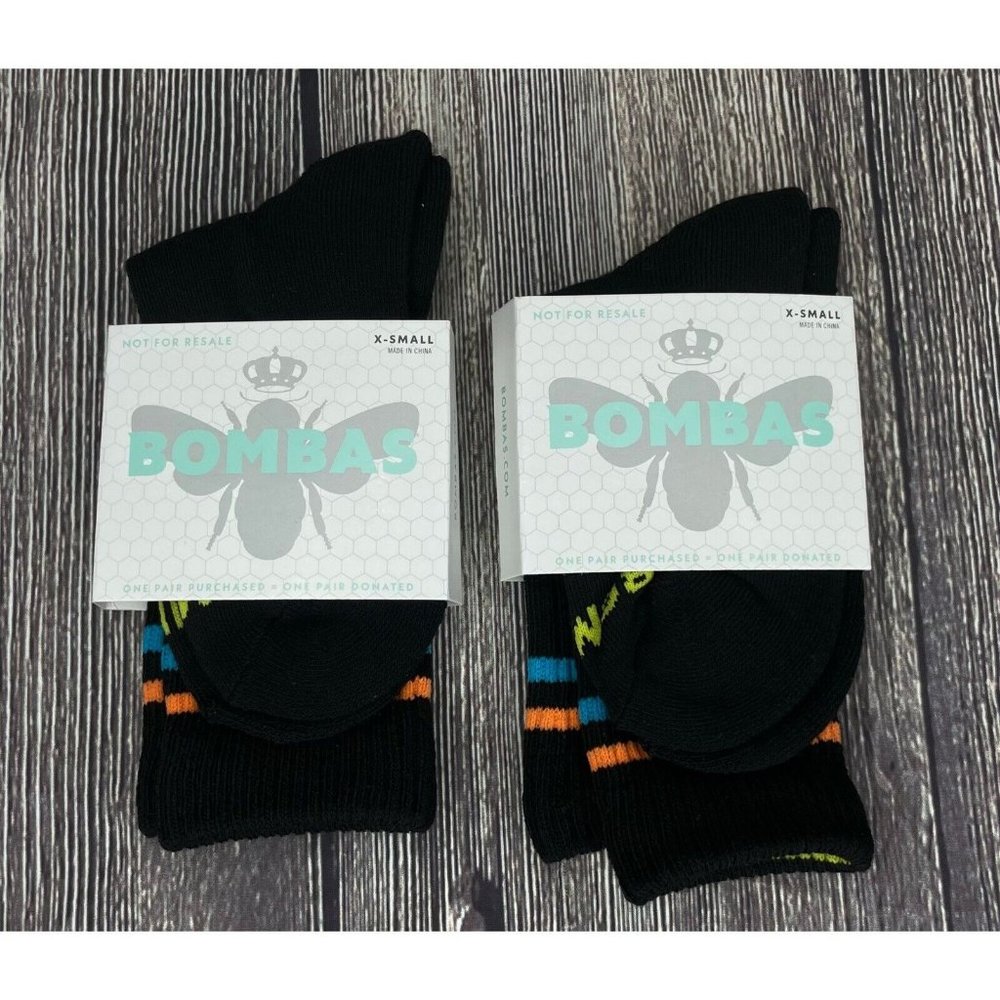 NEW BOMBAS Crew Calf Socks Black XS X-Small Women’s Orange Blue Stripe Lot of 2 - Picture 1 of 4